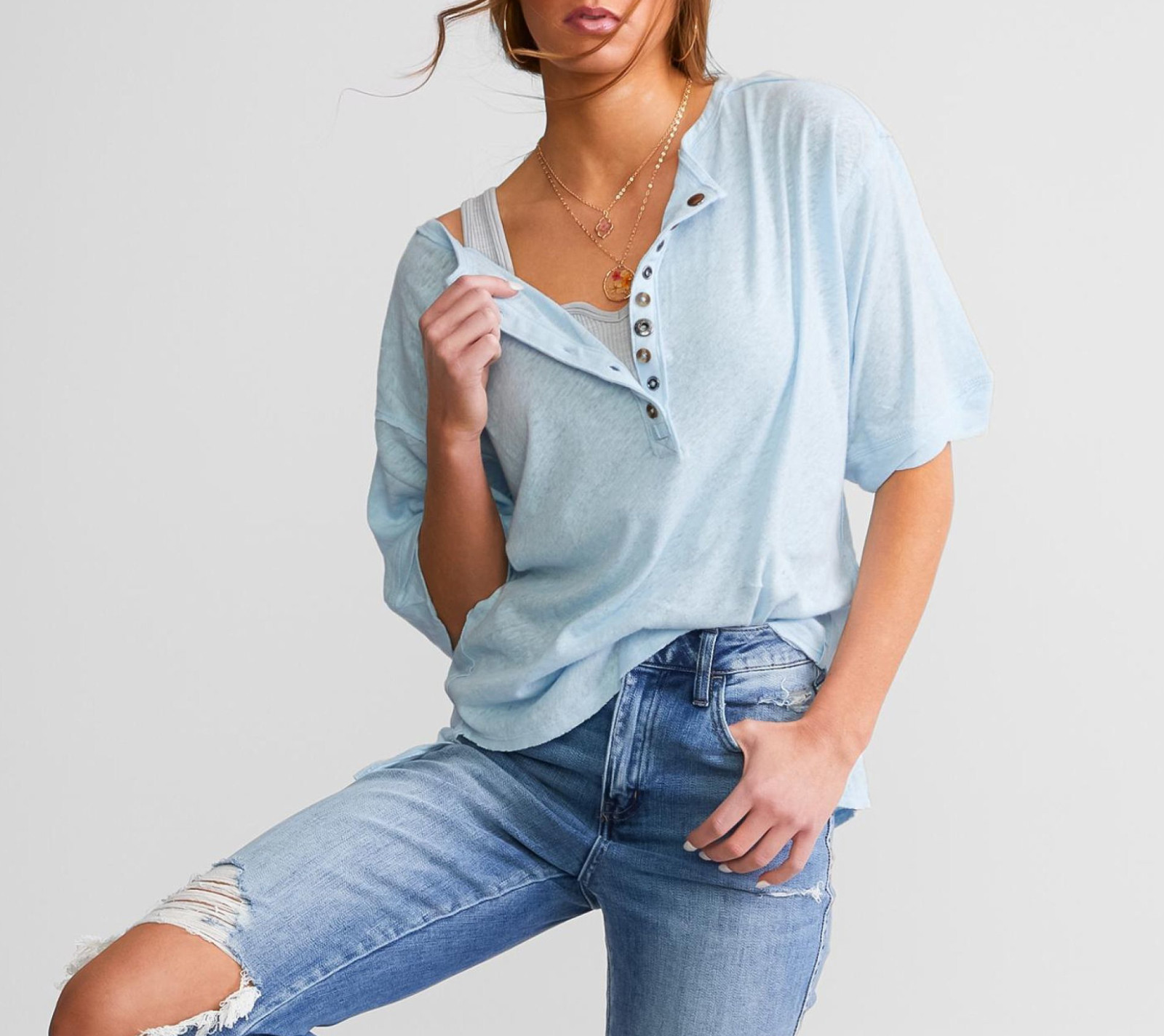 Free People We the Free Cool Air Blue Short Sleeve Maribell Henley Top Sz XL