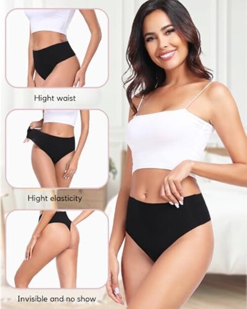 Cotton Thongs for Women High Waisted Seamless No Show Thong Large Black-6 Pack