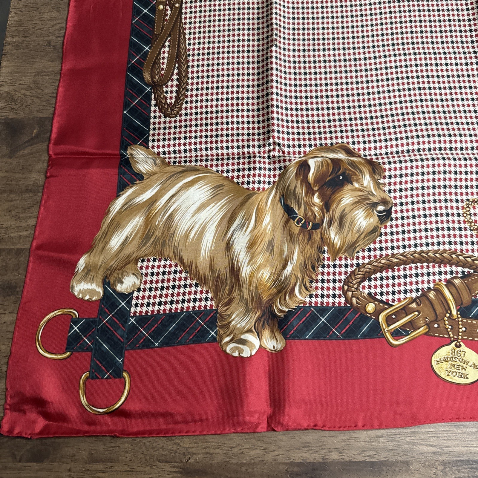 Vintage 35” Ralph Lauren Houndstooth Silk Scarf Best In Show Dogs Heritage Dog
