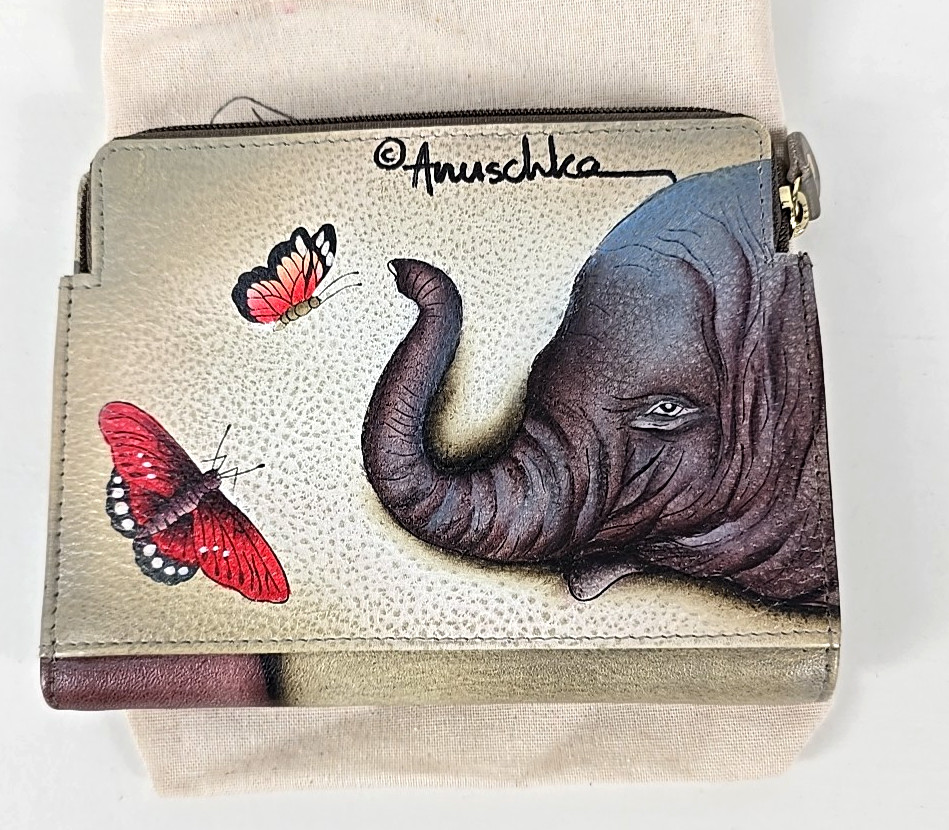 Anuschka Hand Painted Leather RFID 2 Fold Organizer Wallet Gentle Giant Elephant