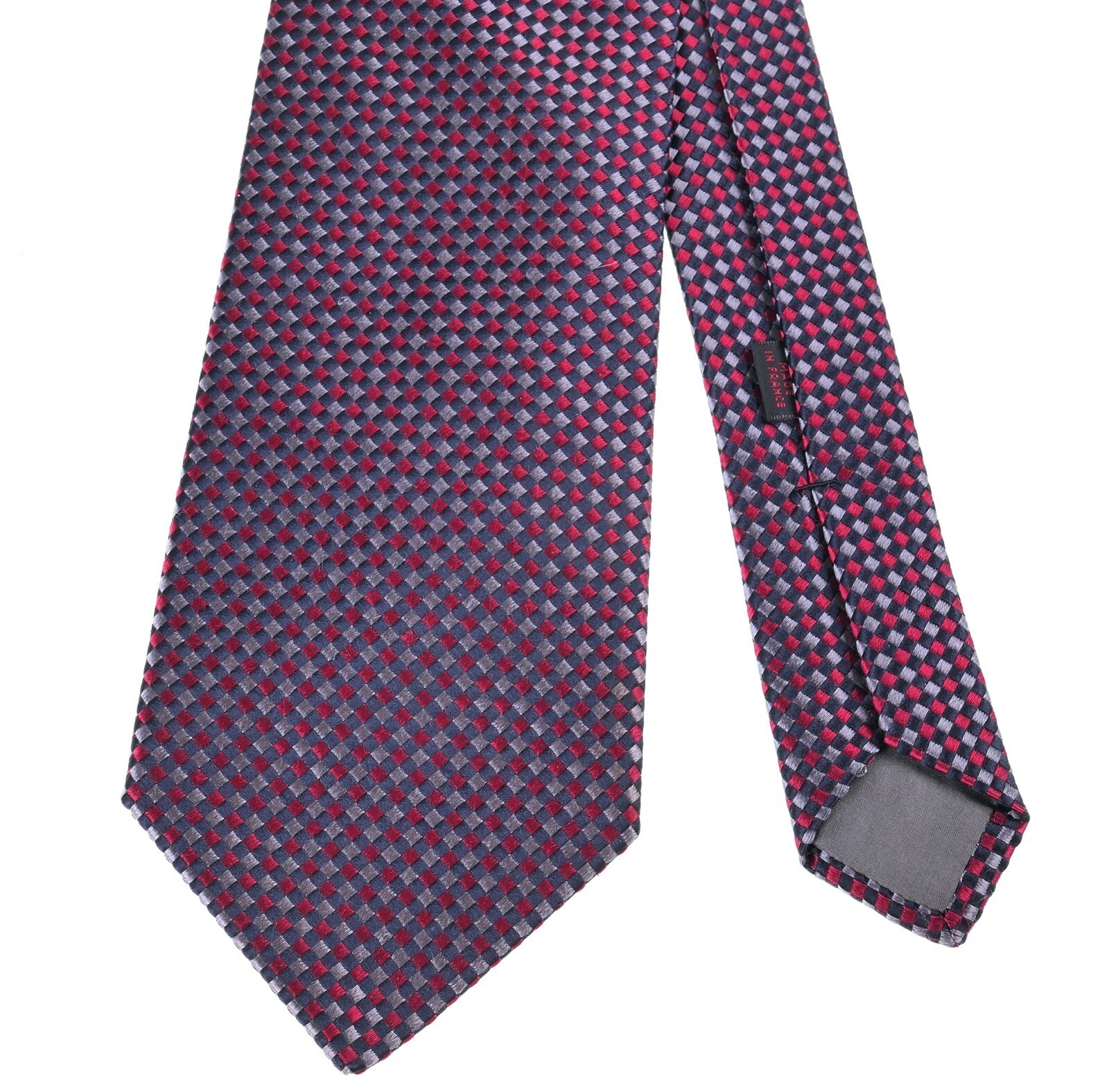 Charvet Red Blue Satin Woven Diamond Grid Check 100% Silk Tie