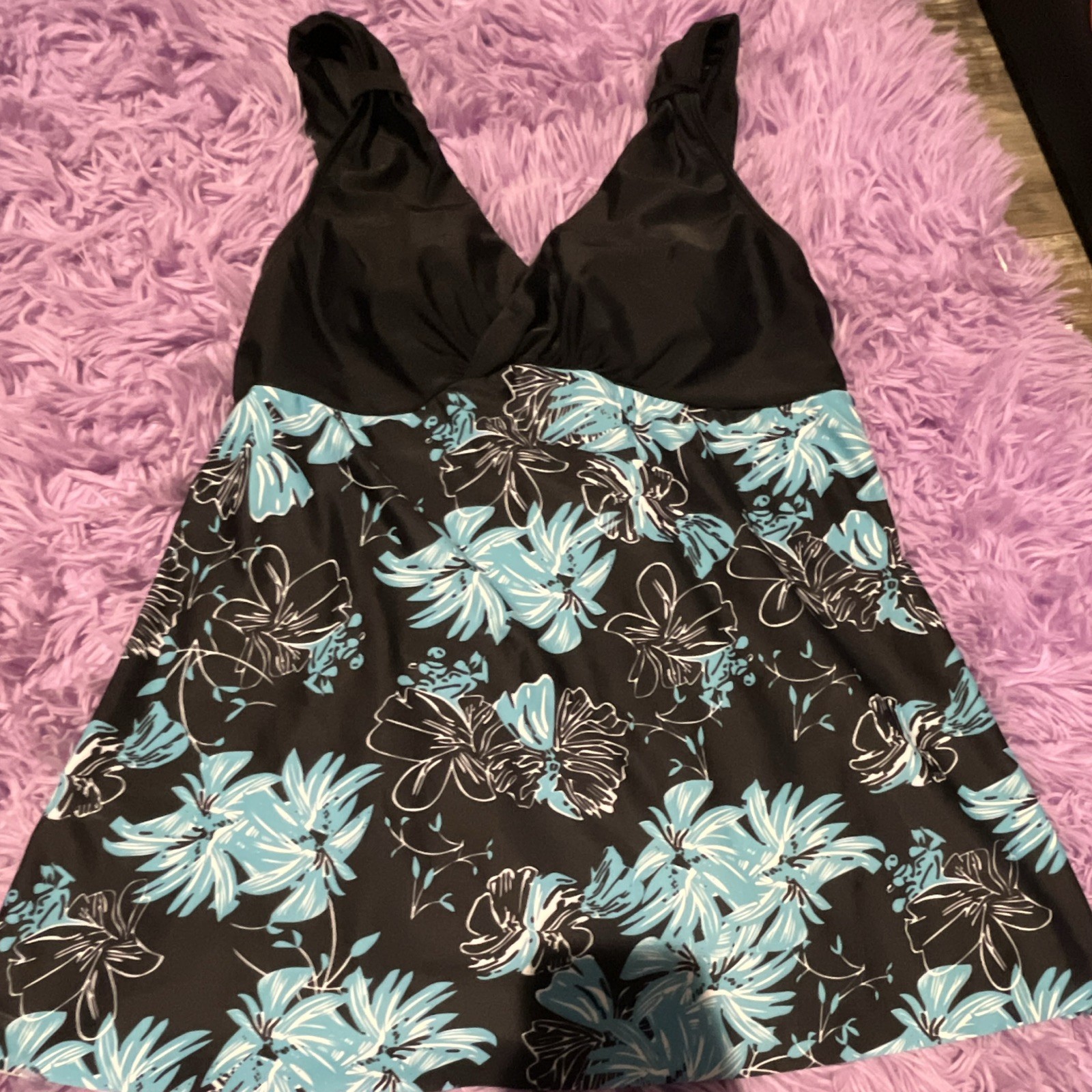 Women’s Black & Blue Floral Swimdress One-Piece Swimsuit, XL Regular