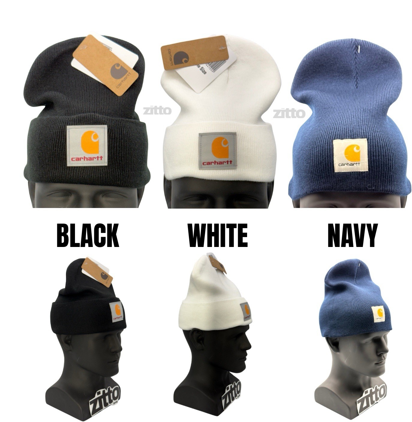 Carhartt Unisex Knit Cuffed Beanie Hat, Black, White , Navy – One Size
