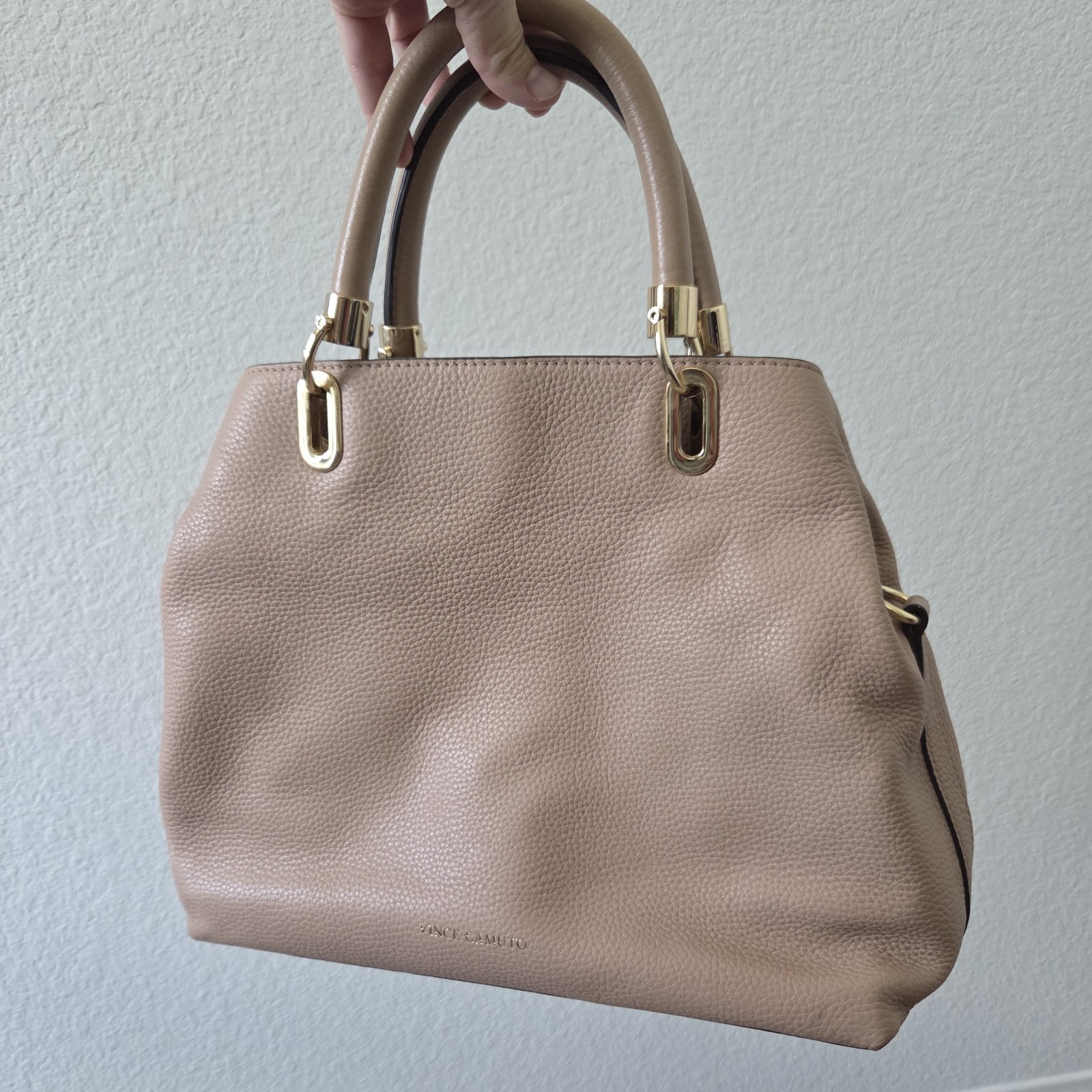 Vince Camuto Elva Handbag Black Pebbled Genuine Leather, Satchel Tan Camel