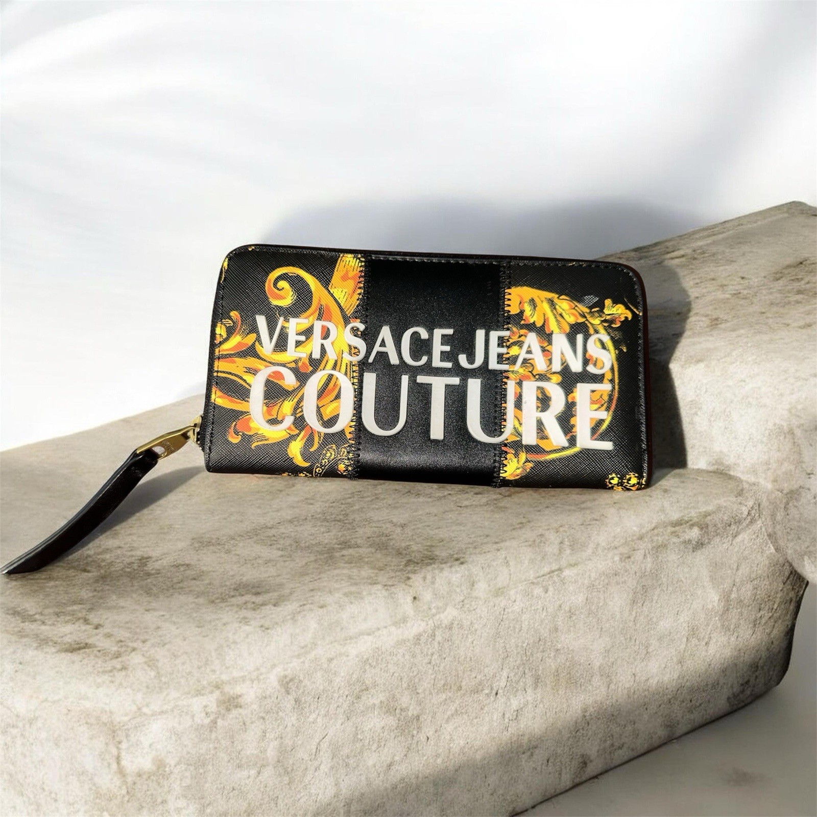 Versace Jeans Couture Black/Gold Zip-Around Wallet Wrist Strap Logo, Zipper