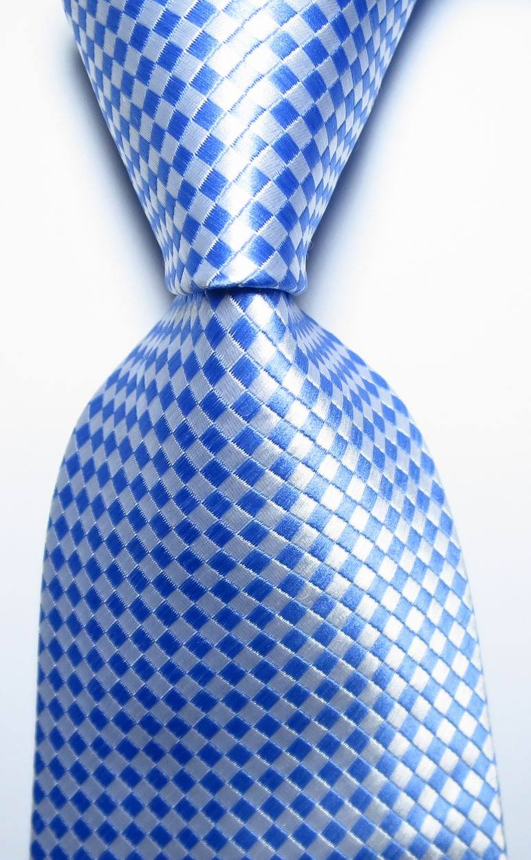 New Classic Checks Light Blue White JACQUARD WOVEN 100% Silk Men’s Tie Necktie