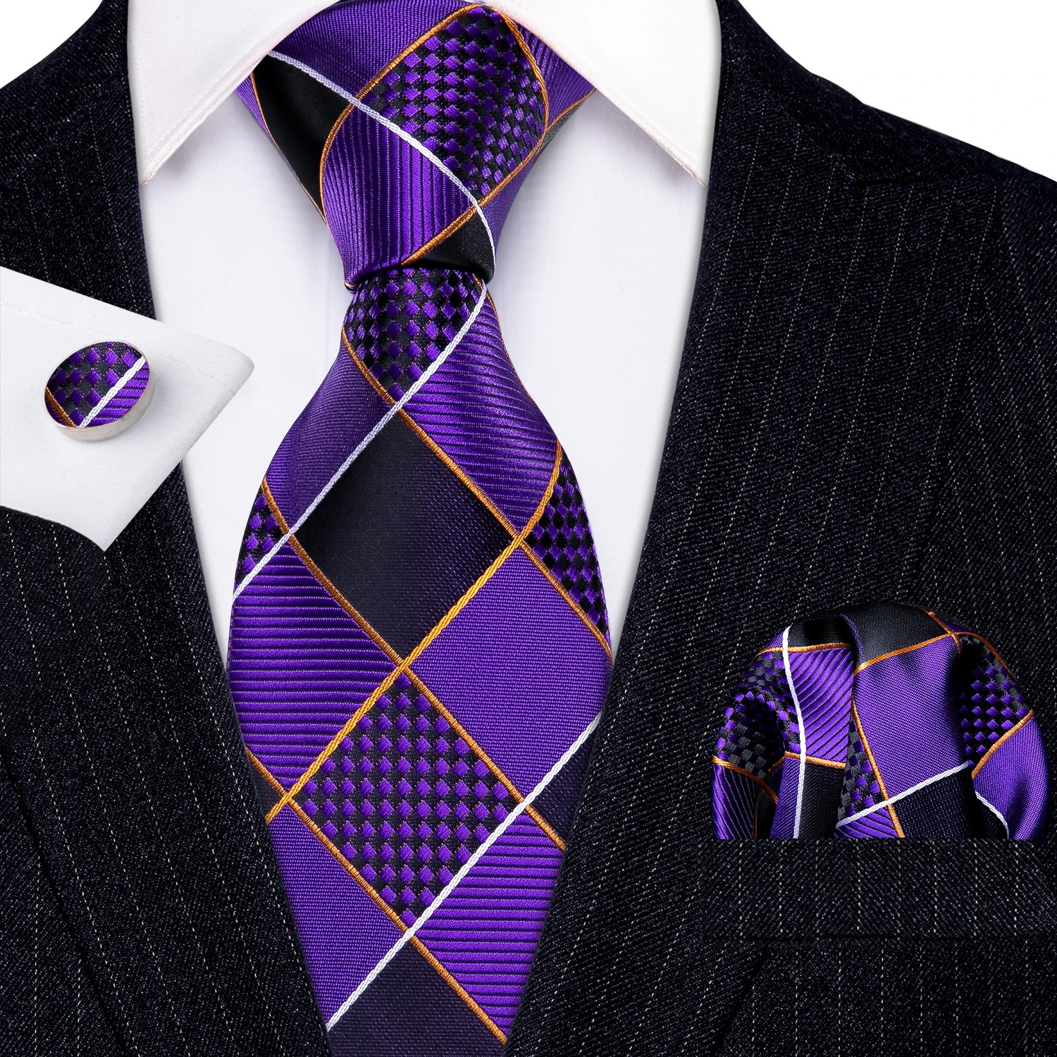 Silk Jacquard Tie Set Floral Violet Necktie Hanky Cufflinks Wedding Men’s Ties