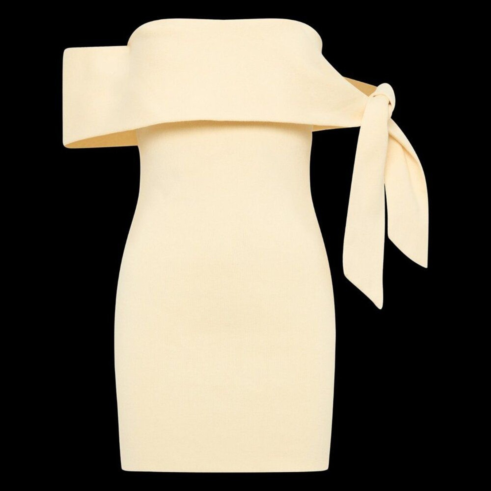 SNDYS Jaymes Mini Dress in Panna Cotta yellow knit off the shoulder bodycon