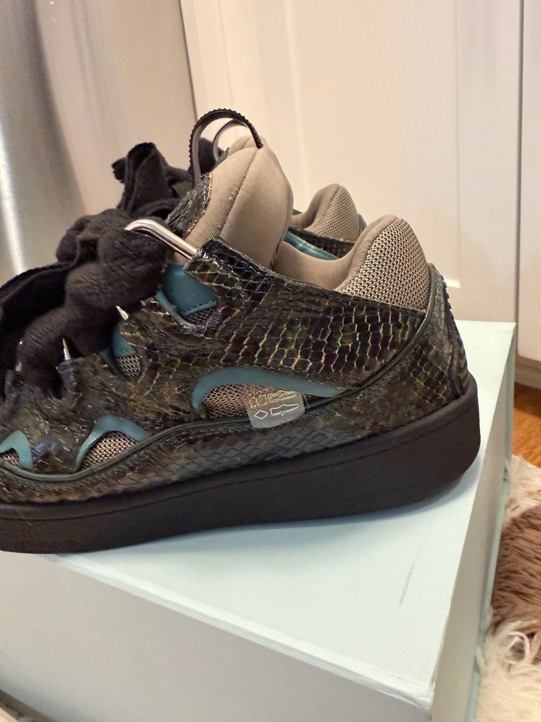 Lanvin Curb Snake-Embossed Leather Sneakers in Green and Black