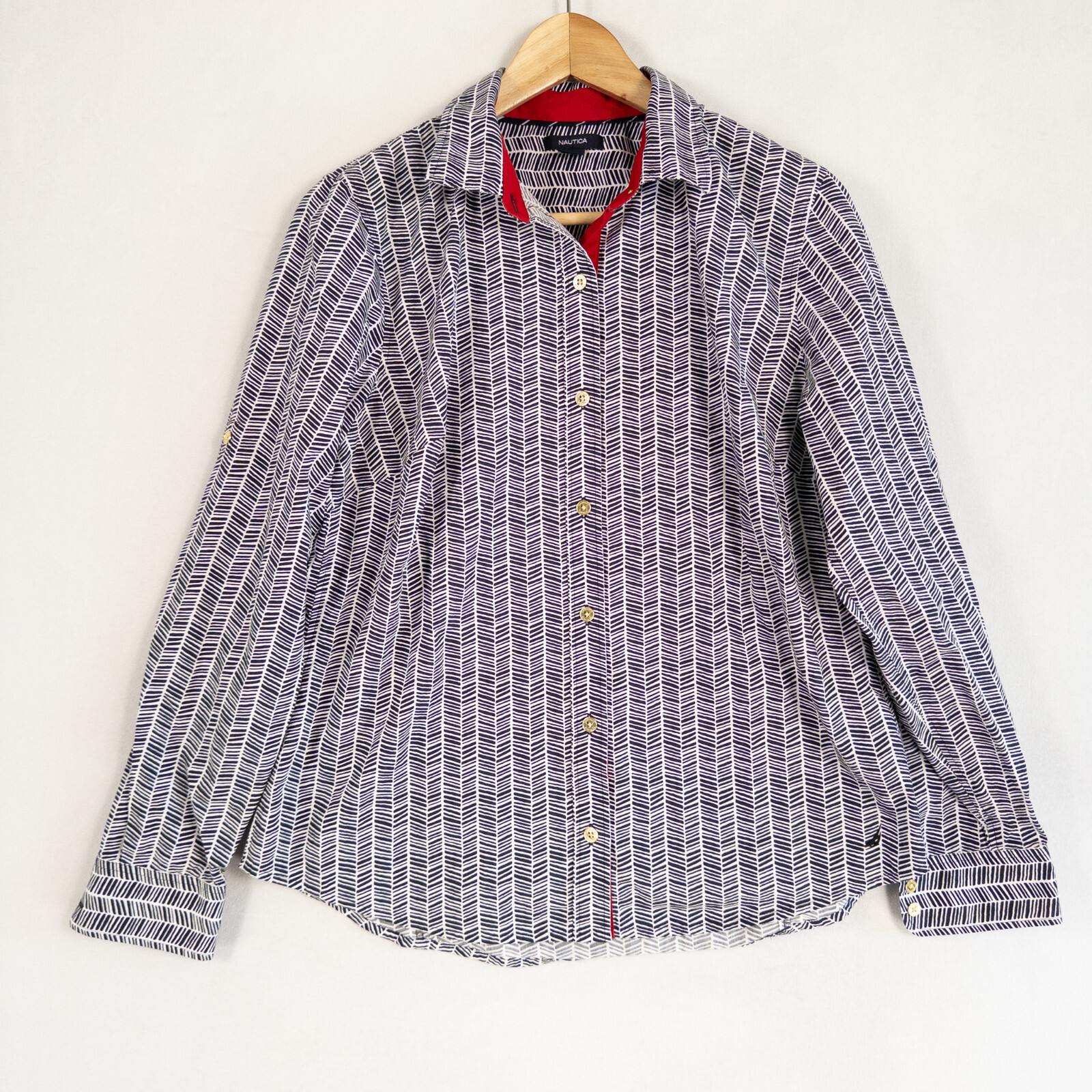 Nautica Shirt Womens Large Black White Herringbone Cotton Button Up Long Sleeve