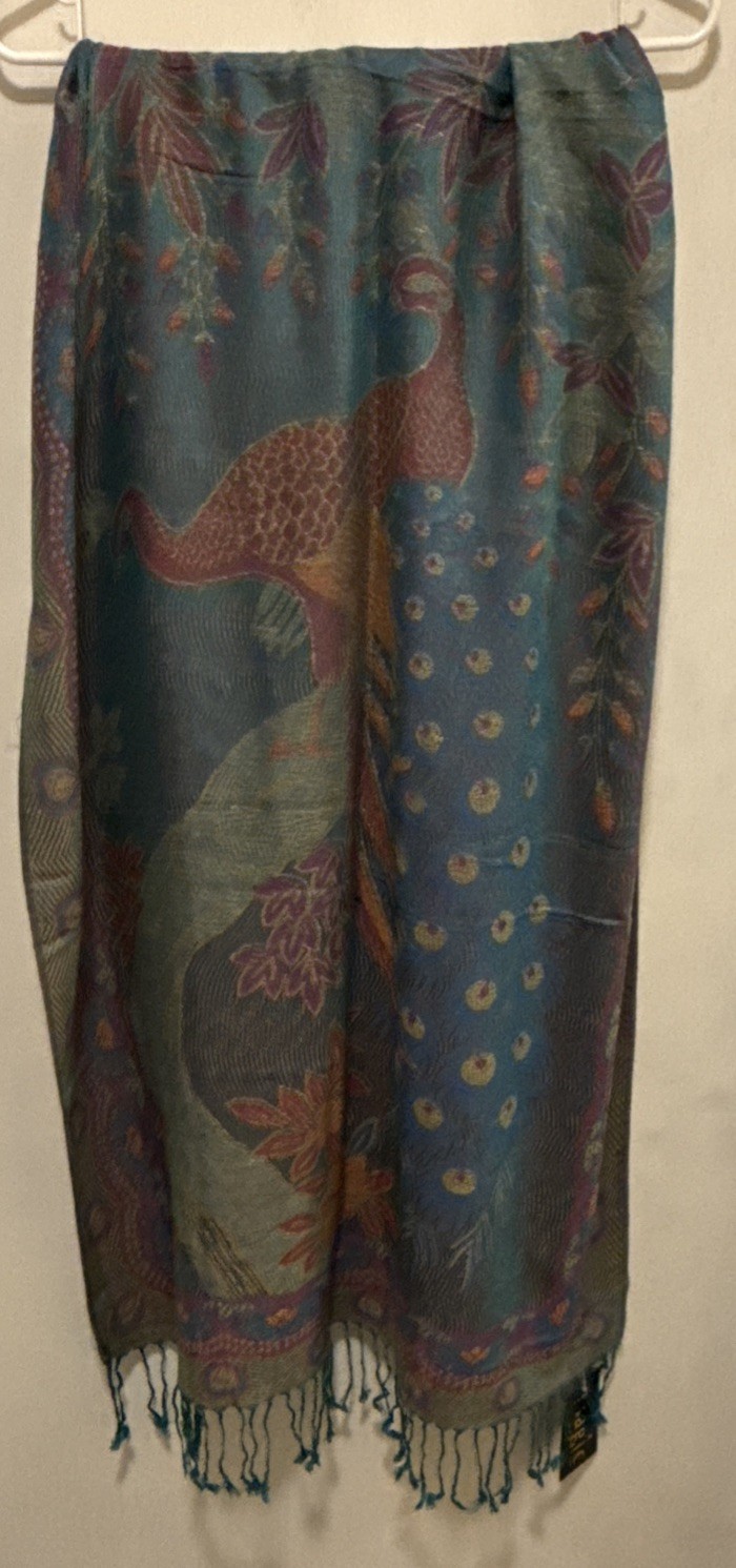Magic Scarf Teal Peacock Feather Manmade Fabric Fringe New Blue Green 68″ x 28″