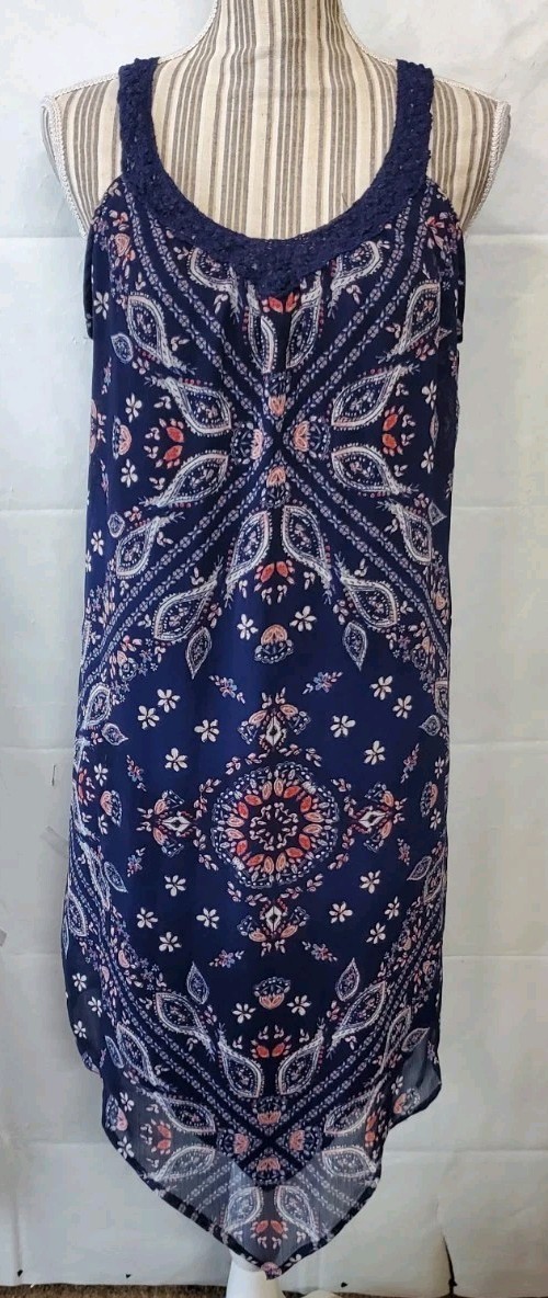 Knox Rose Dress Sz S A-line Paisley Navy Sleeveless Crochet Trim Lined Summer