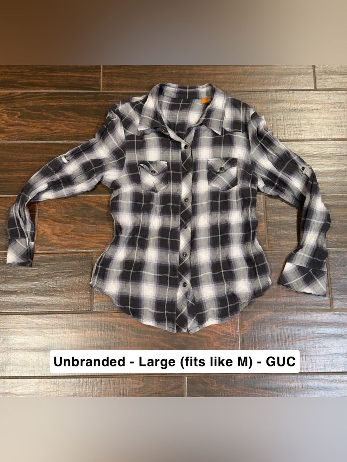 Black White Plaid Button Up Womens Shirt Flannel Cotton Spandex Size Large