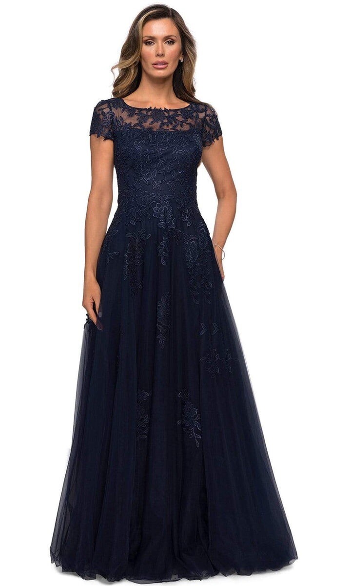 New La Femme 27920 Lace Bateau Tulle A-line Gown In Navy Sz 4 $578