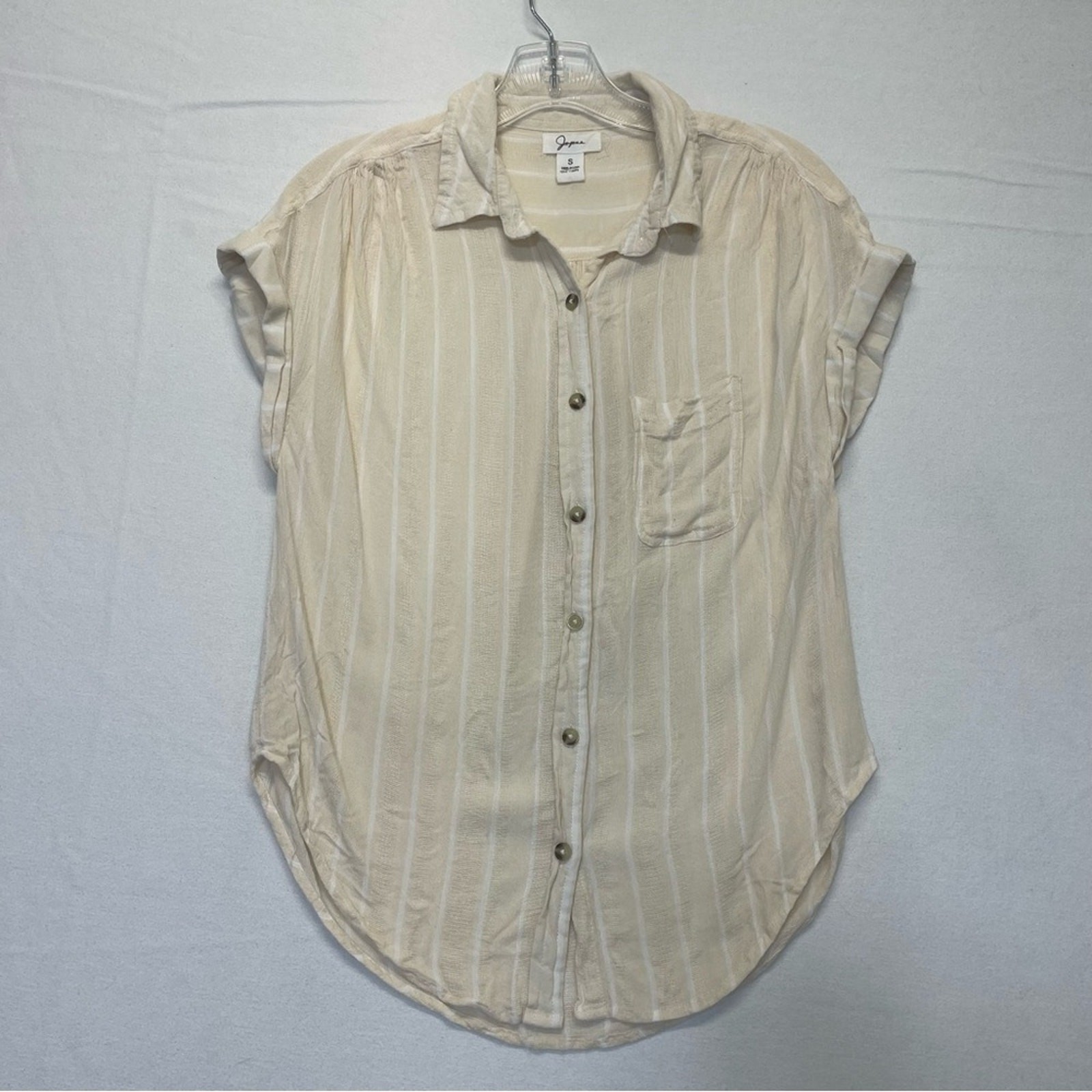 Blouse Gauzy Muslin Rayon Button Down Top Women’s small stripe cream white Japna
