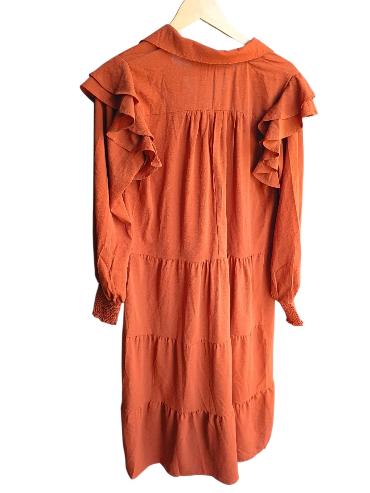 Umgee Orange Smocked Ruffle Collared Midi A-Line Dress Long Sleeve S
