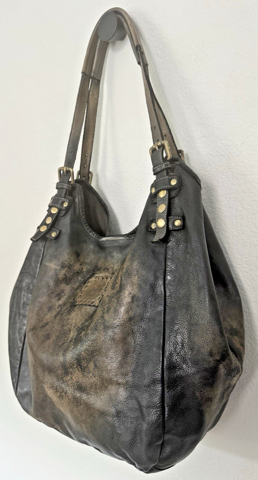 Lusher Soft and Slouchy Hobo Stone Washed Black Raw Onyx Italian Leather Studded