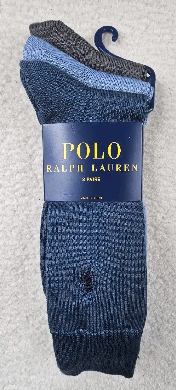 Polo Ralph Lauren Mens 3 pack Dress Socks Blue And Gray 10-13, Shoe Sz 6-12.5