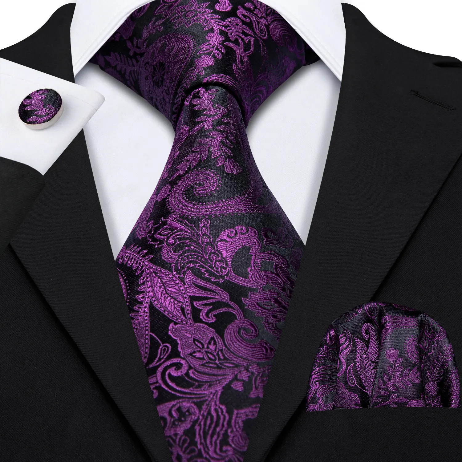 Silk Jacquard Tie Set Floral Violet Necktie Hanky Cufflinks Wedding Men’s Ties