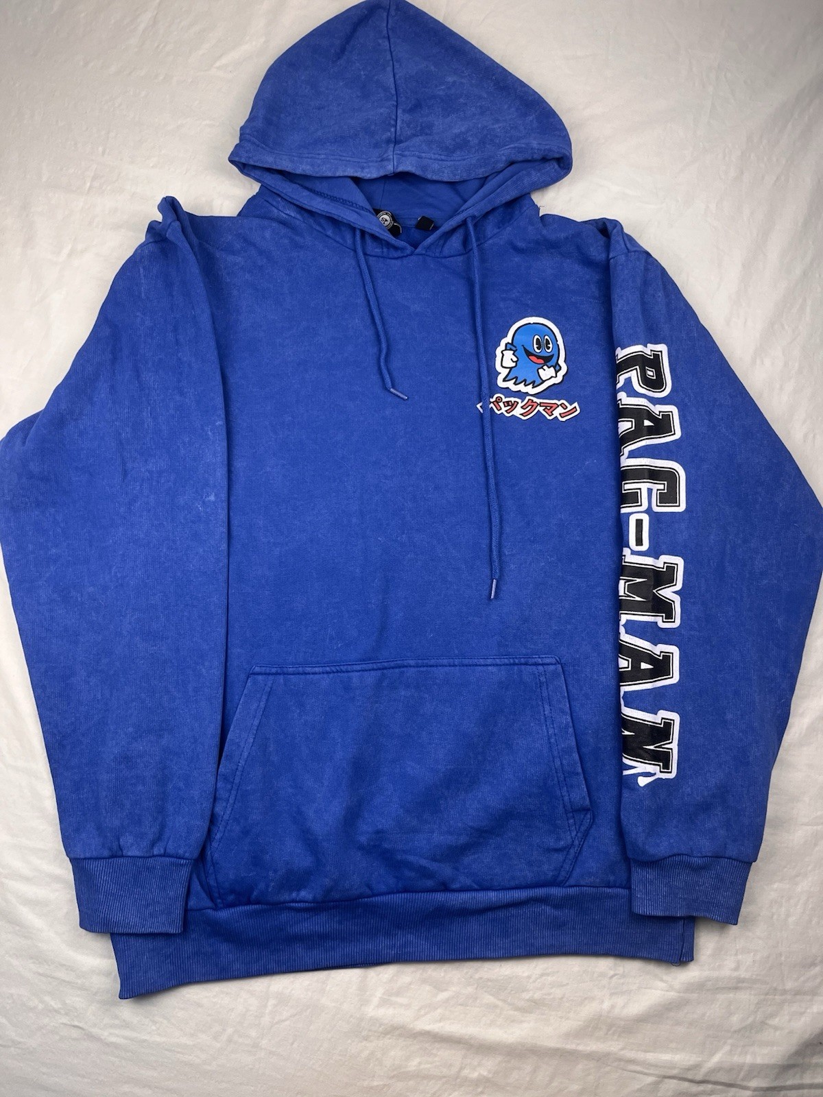 Retro Japanese Pac-Man Hoodie Large Blue Pull Over Long Sleeve Comfy wear Print