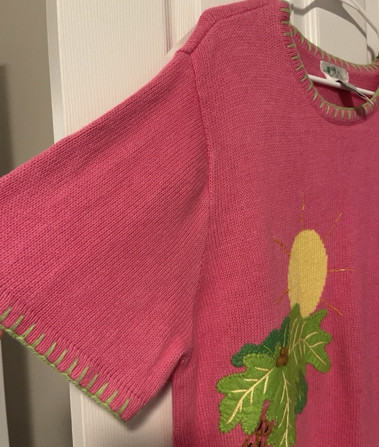Quacker Factory XL Pink Knit Short Sleeve Sweater Embroidered Flamingo