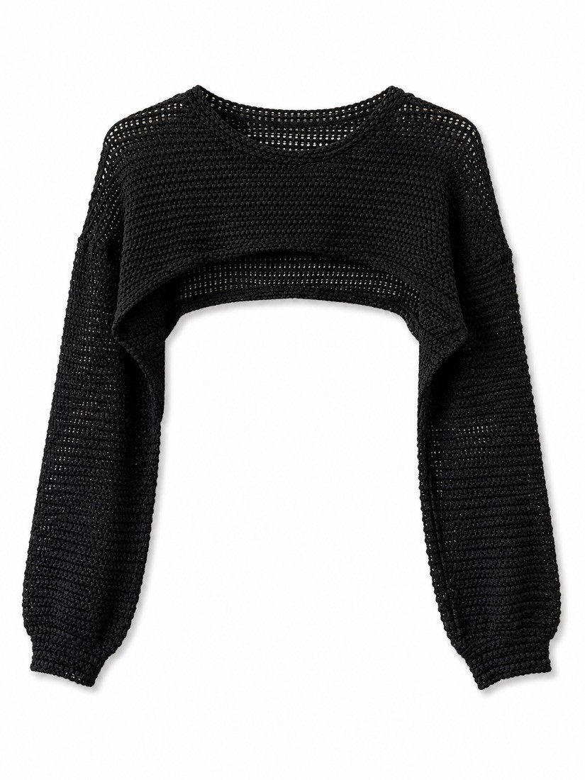 Womens Black Open Knit Mesh Cropped Sweater Long Sleeve Shrug Top M