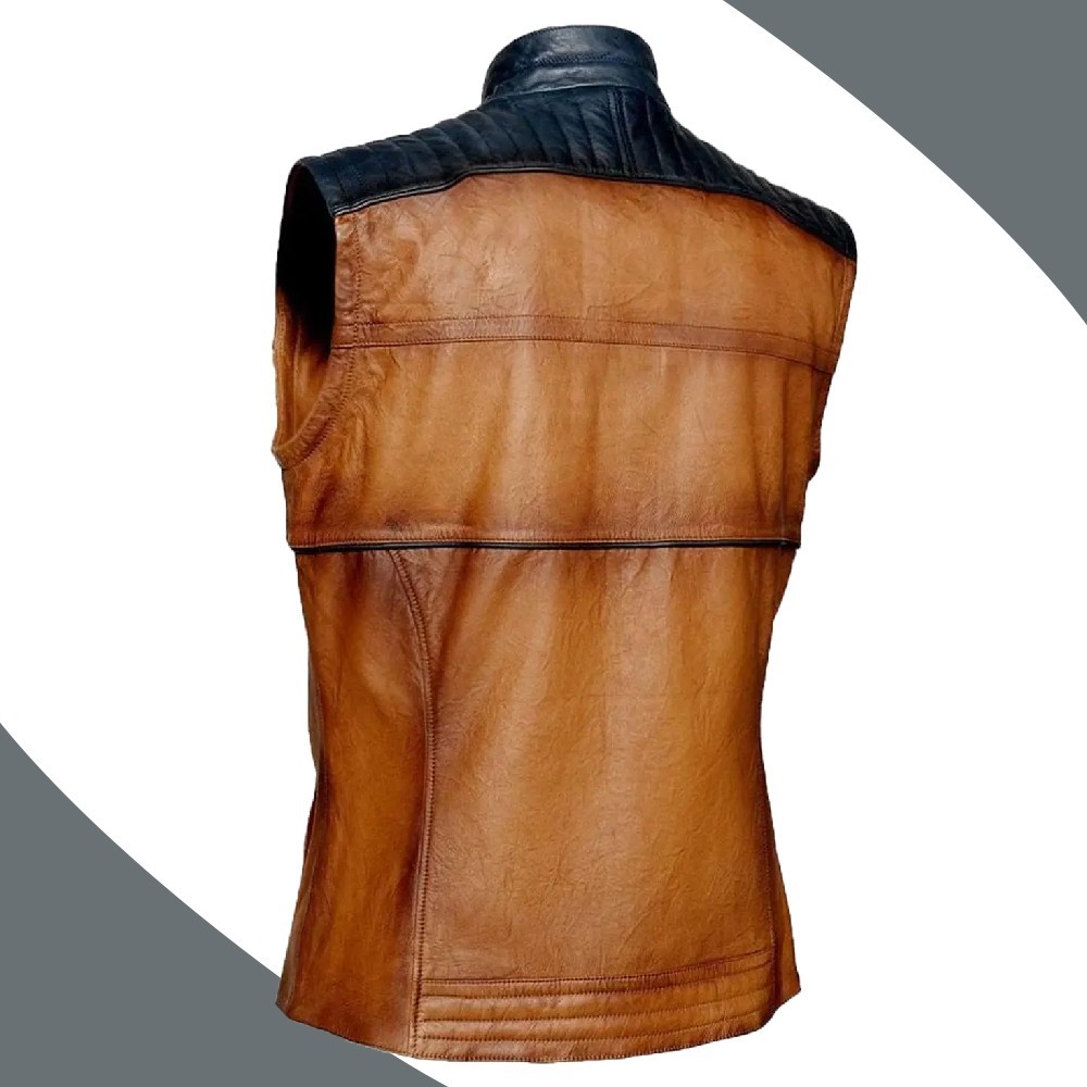 Men’s Brown Motorcycle Sheep Leather Vest Zipper Gilet Biker Waistcoat Jacket