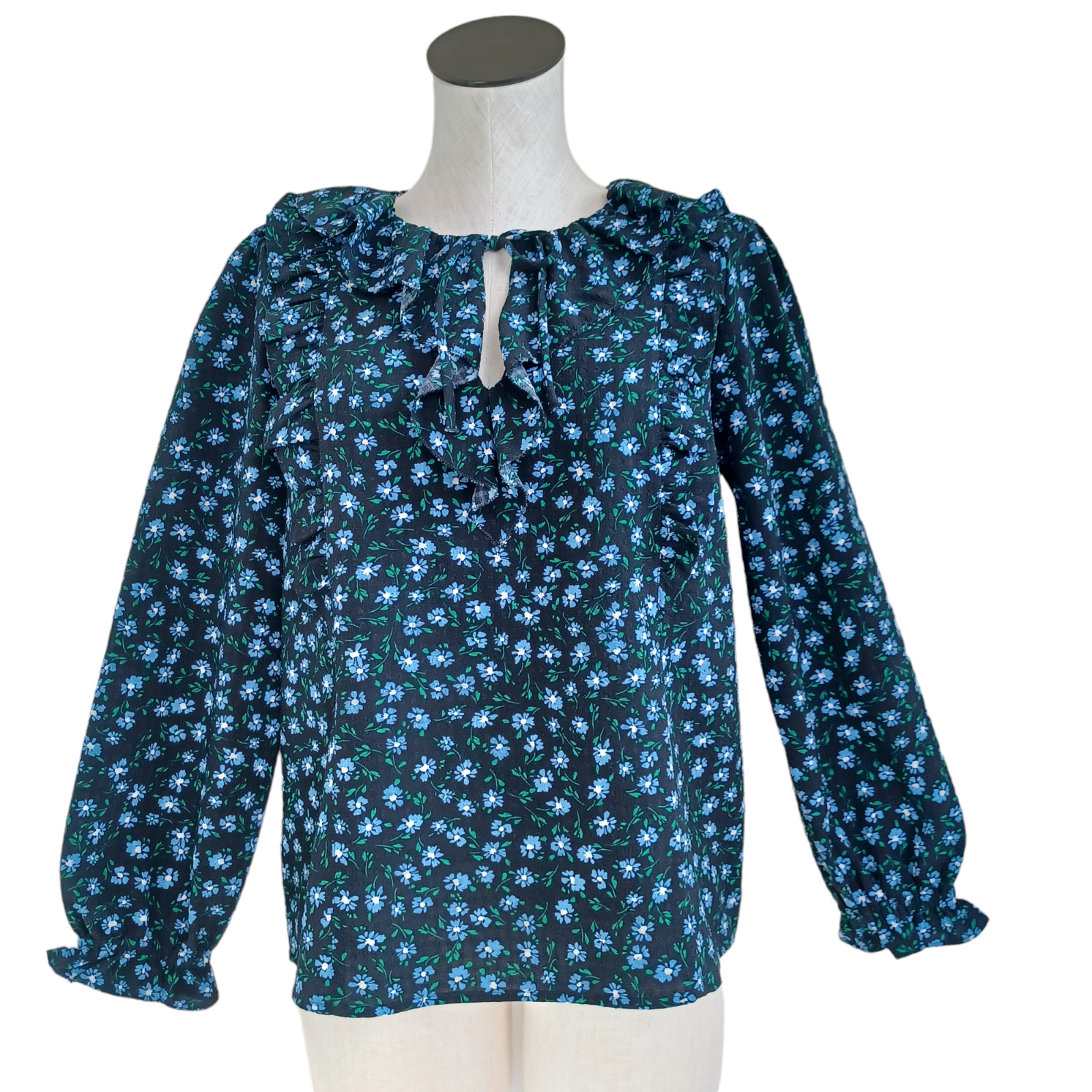 Loft Blouse Womens Petite Med Black Blue Ditsy Floral Ruffle Cottagcore Romantic