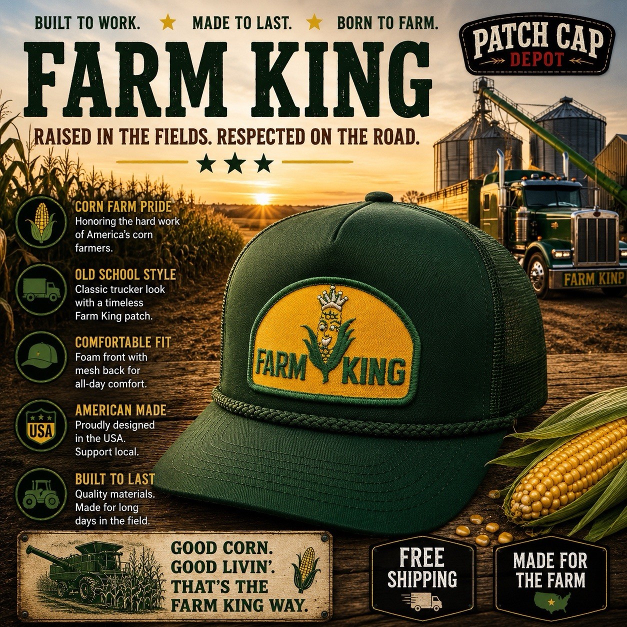 FARM KING Patch Cap – Outdoor Cap Trucker – Throwback Snapback – Free Shipping