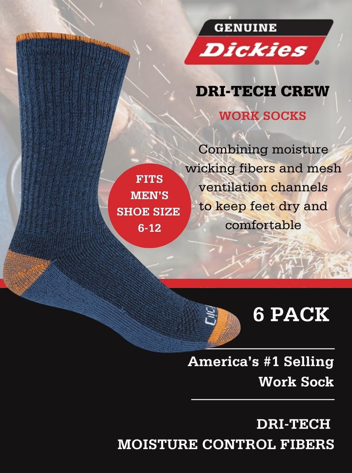 6 Pack Genuine Dickies Mens Dritech Crew Socks Moisture Control Black Size 6-12