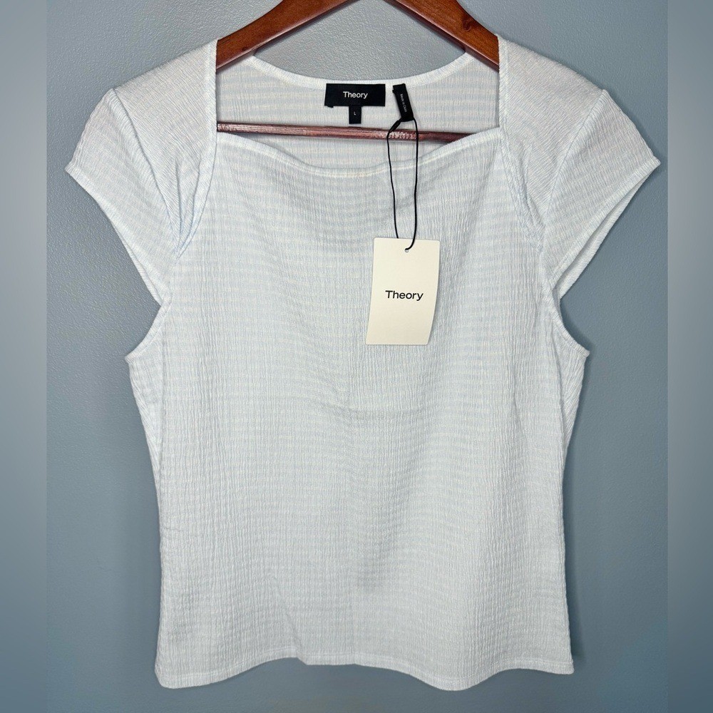 NWT Theory Light Blue Textured Cap Sleeve Top | Size Large