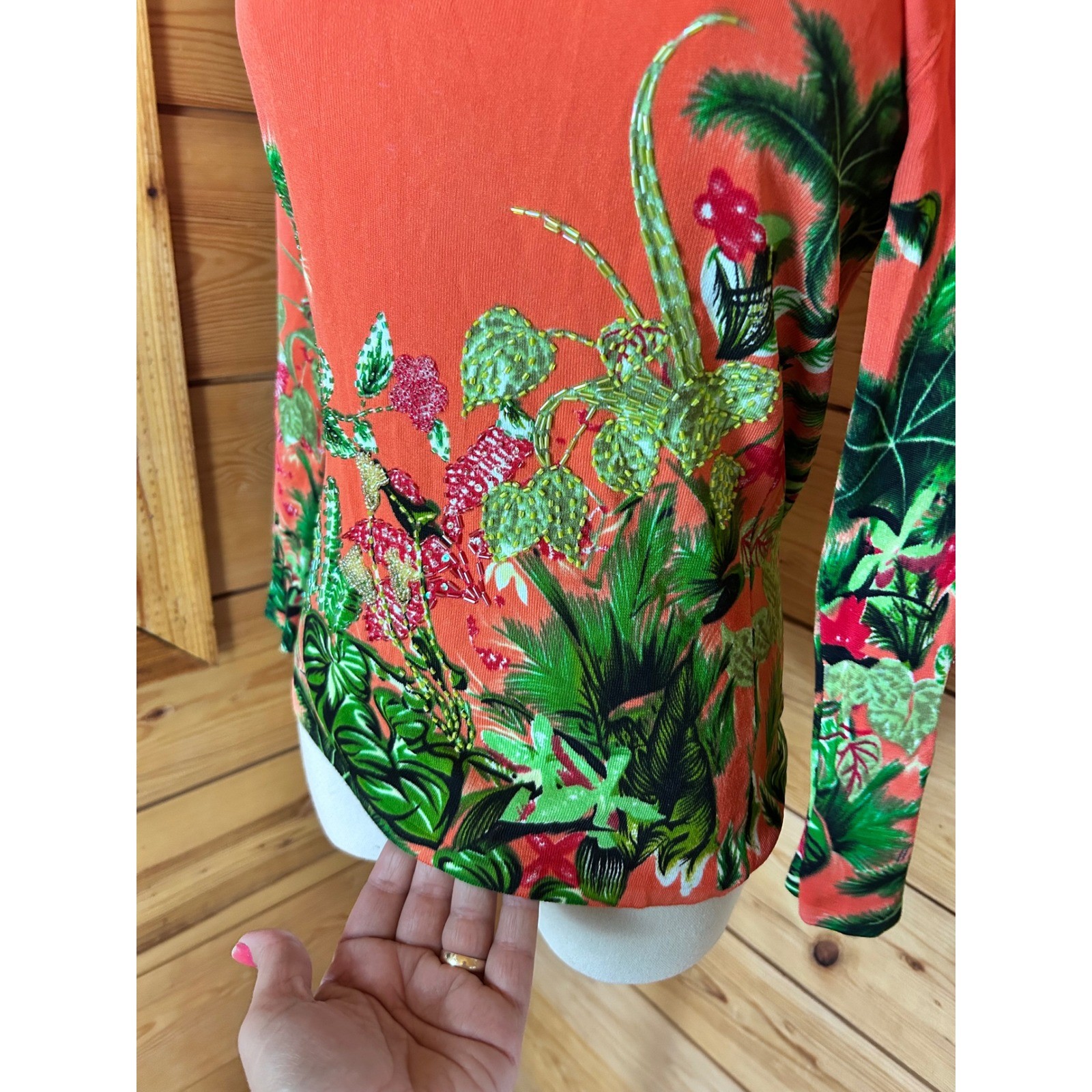 Tropical Floral Print Boat Neck Knit Shirt Women Medium Coral Pink Aubergine Y2K