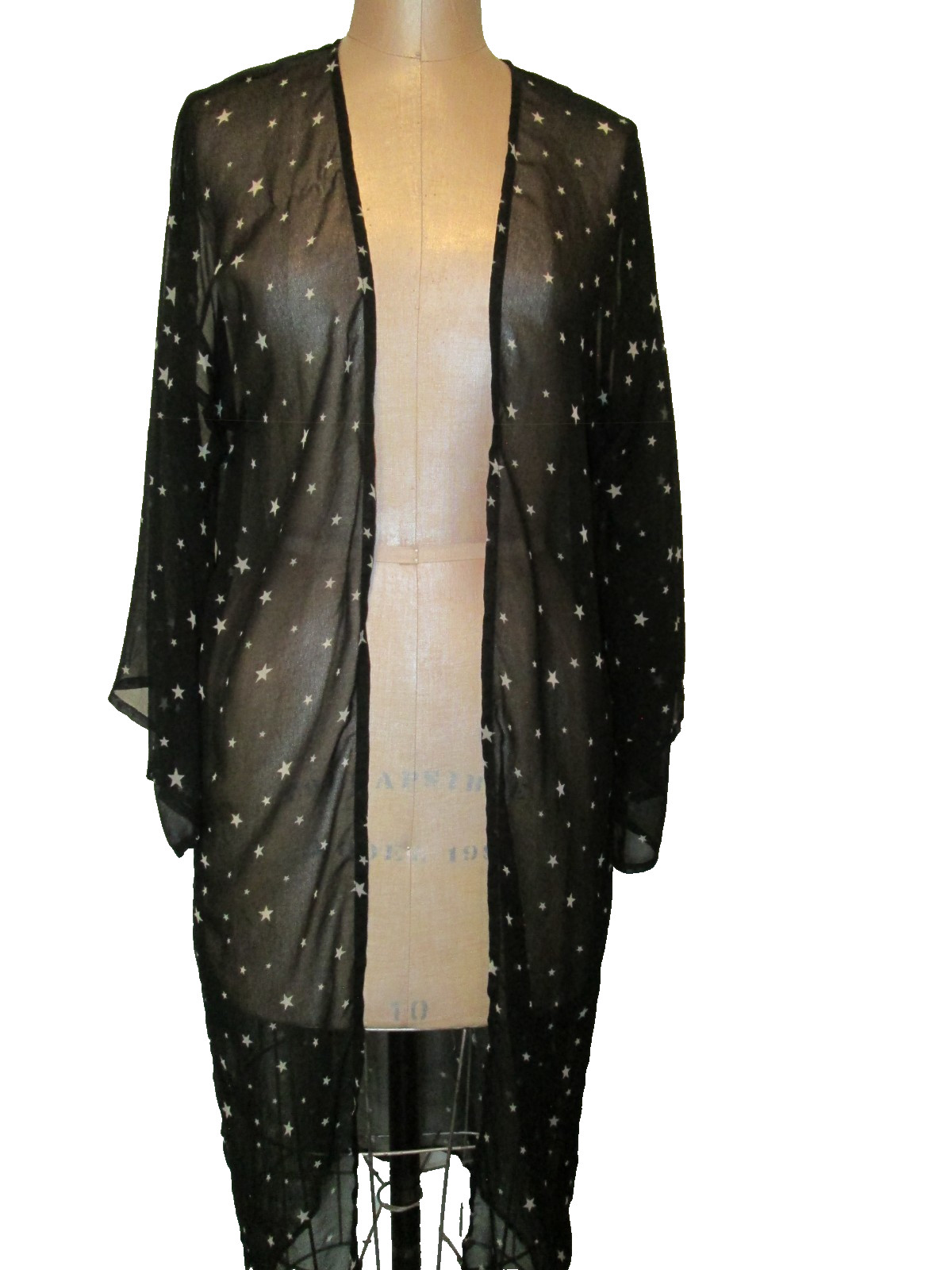 MELROSE MARKET BLACK W/ STARS SHEER LONG KIMONO OPEN FRONT OSFA VGC WASHABLE