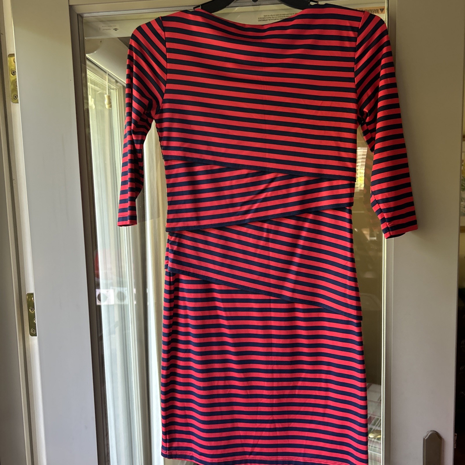 J. McLaughlin Tiered Dress Size S Navy and Red Stripes Catalina Cloth EUC