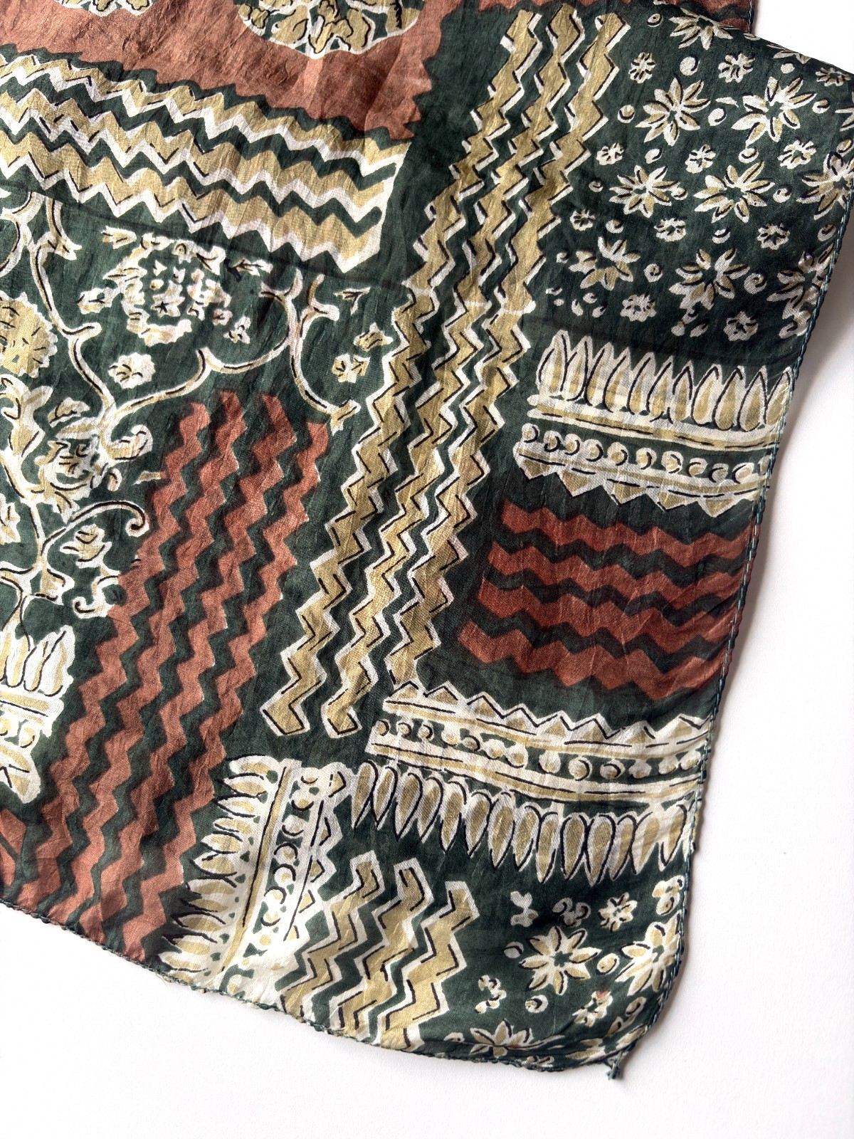 Vintage Silk Scarf Green Abstract Boho Ethnic Floral Designer Luxury Wrap, 34