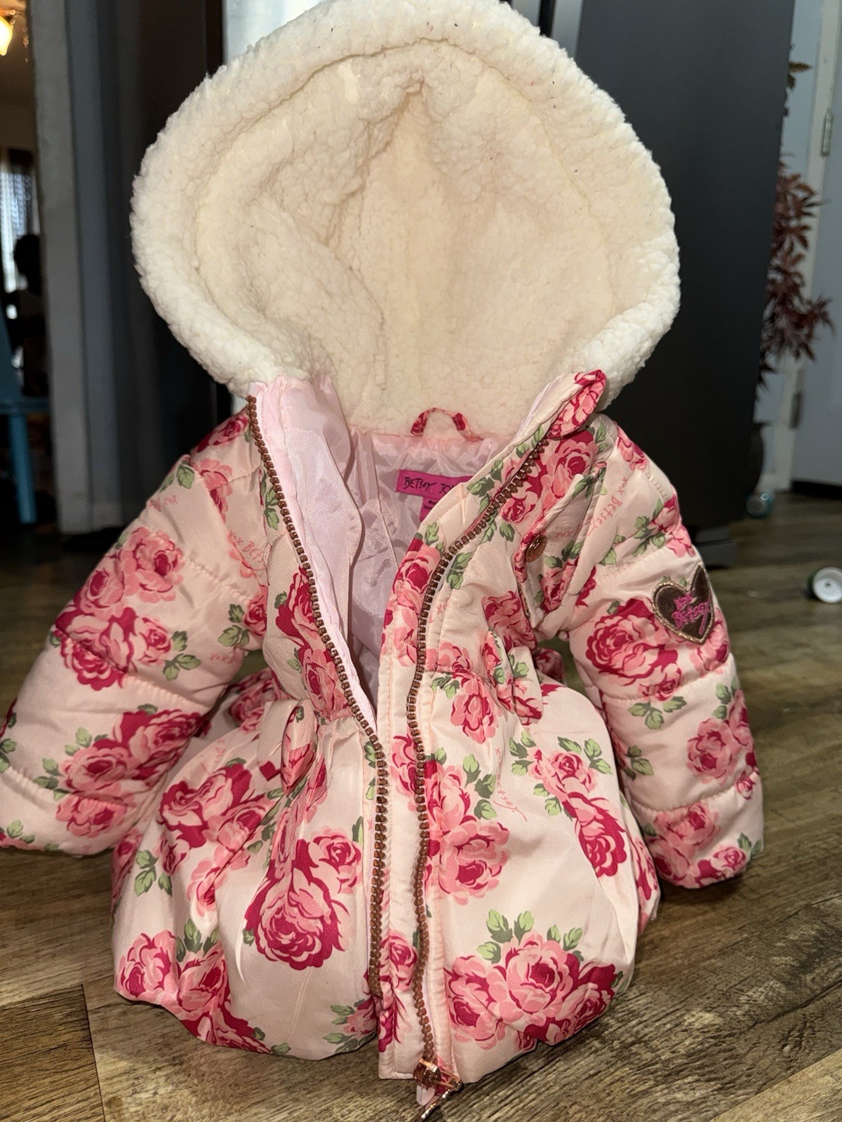 Betsey Johnson Girls 12M Pink Floral Hooded Faux Fur Zip Puffer Jacket