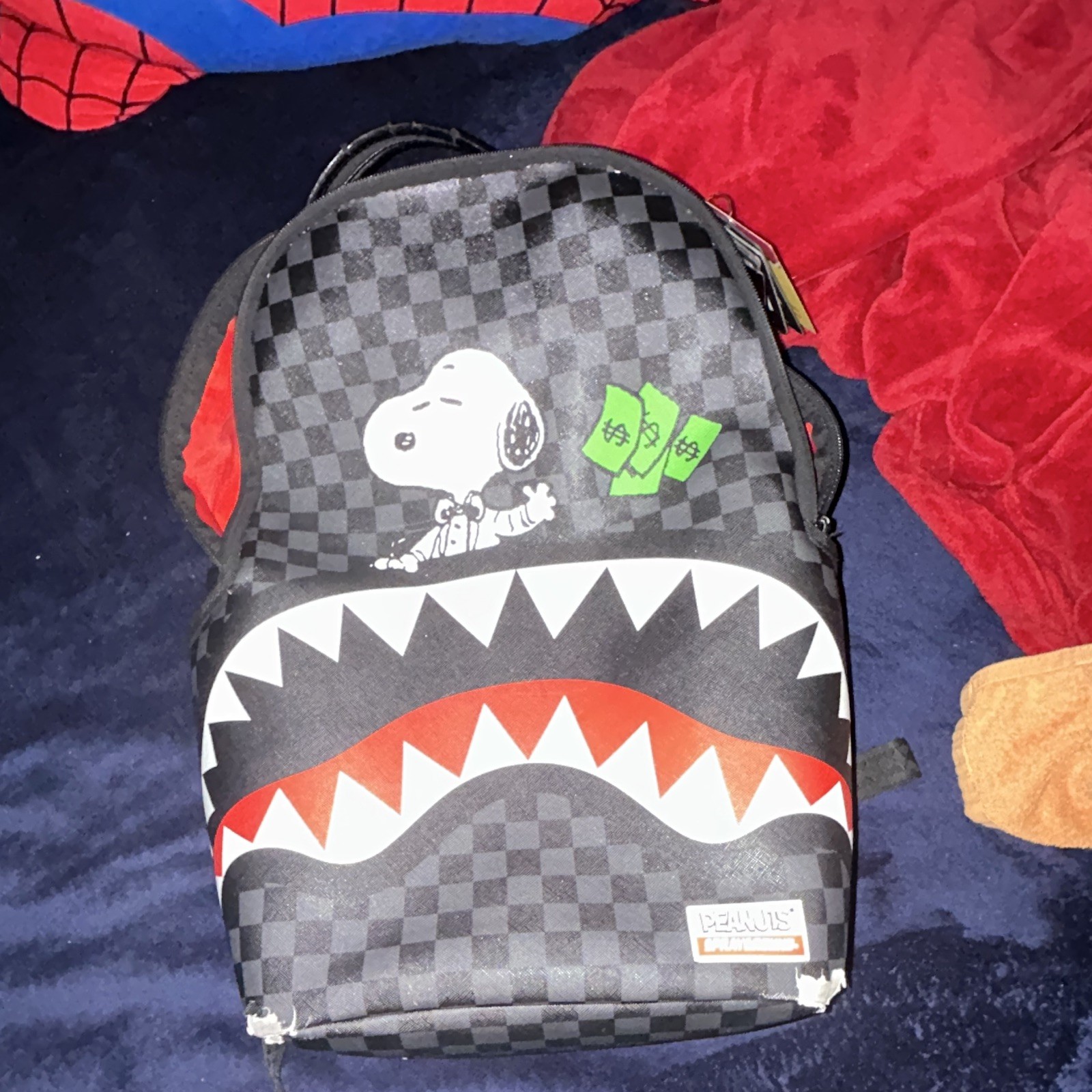 Sprayground Snoopy Peanuts Checkered Mini Backpack Shark Mouth Zip Top Handle