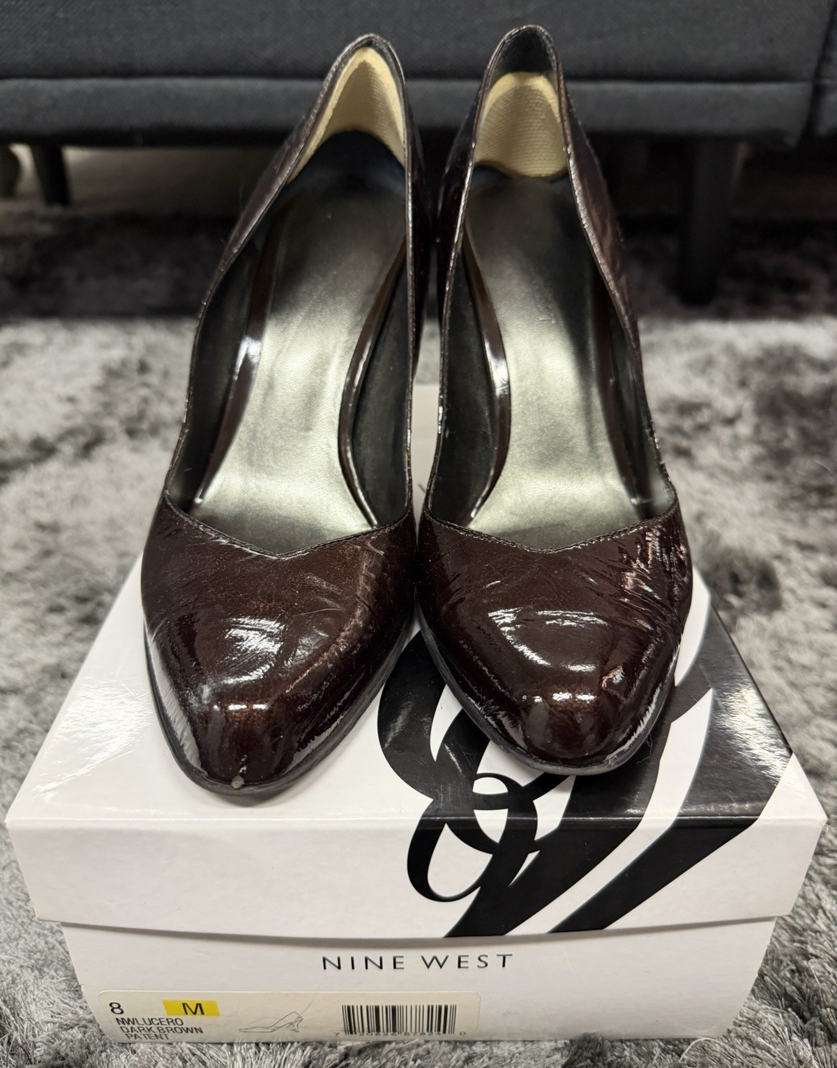 Nine West Brown Patent Leather Slip On Round Toe Pump Stiletto Heel 8M