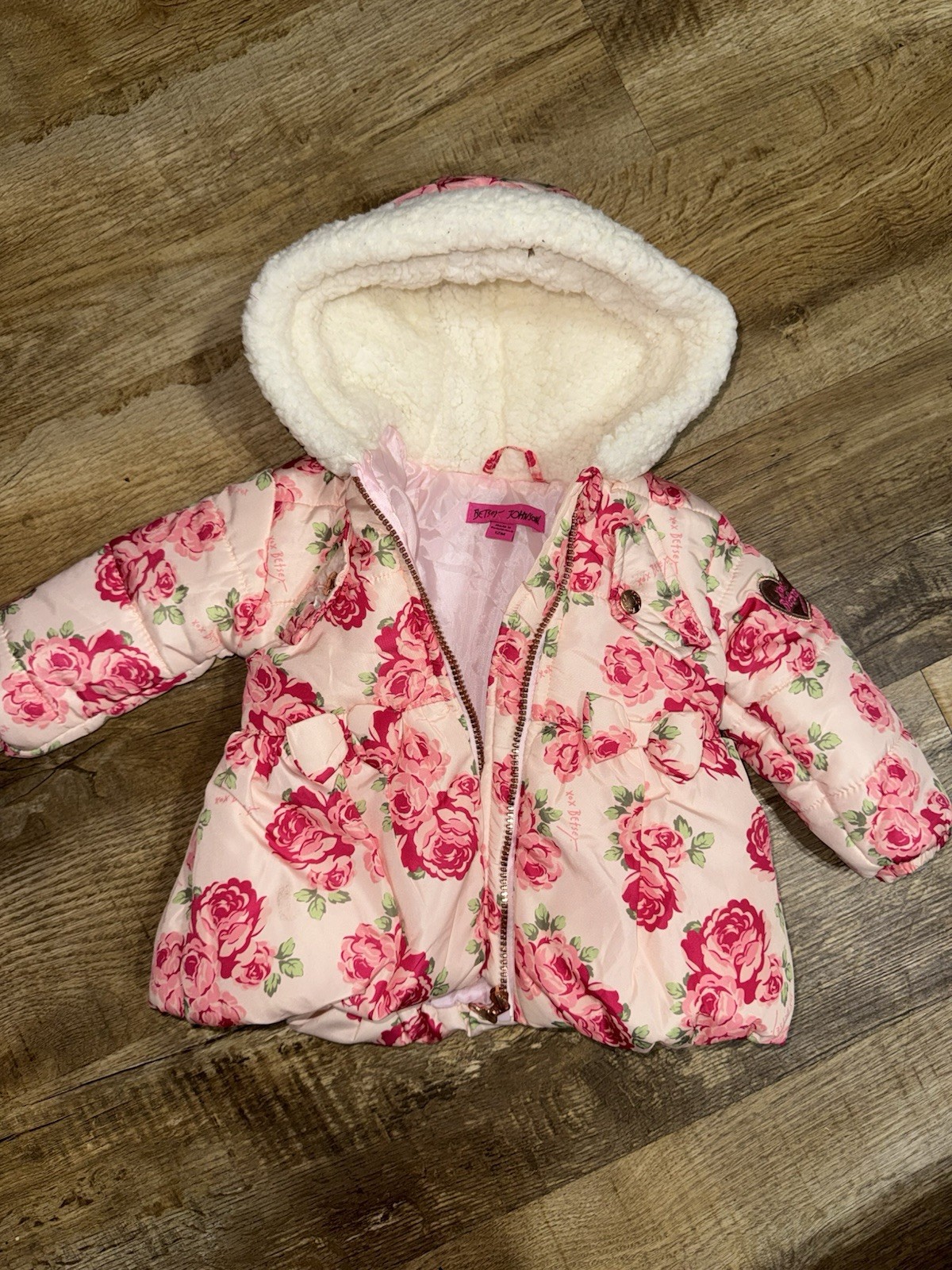 Betsey Johnson Girls 12M Pink Floral Hooded Faux Fur Zip Puffer Jacket