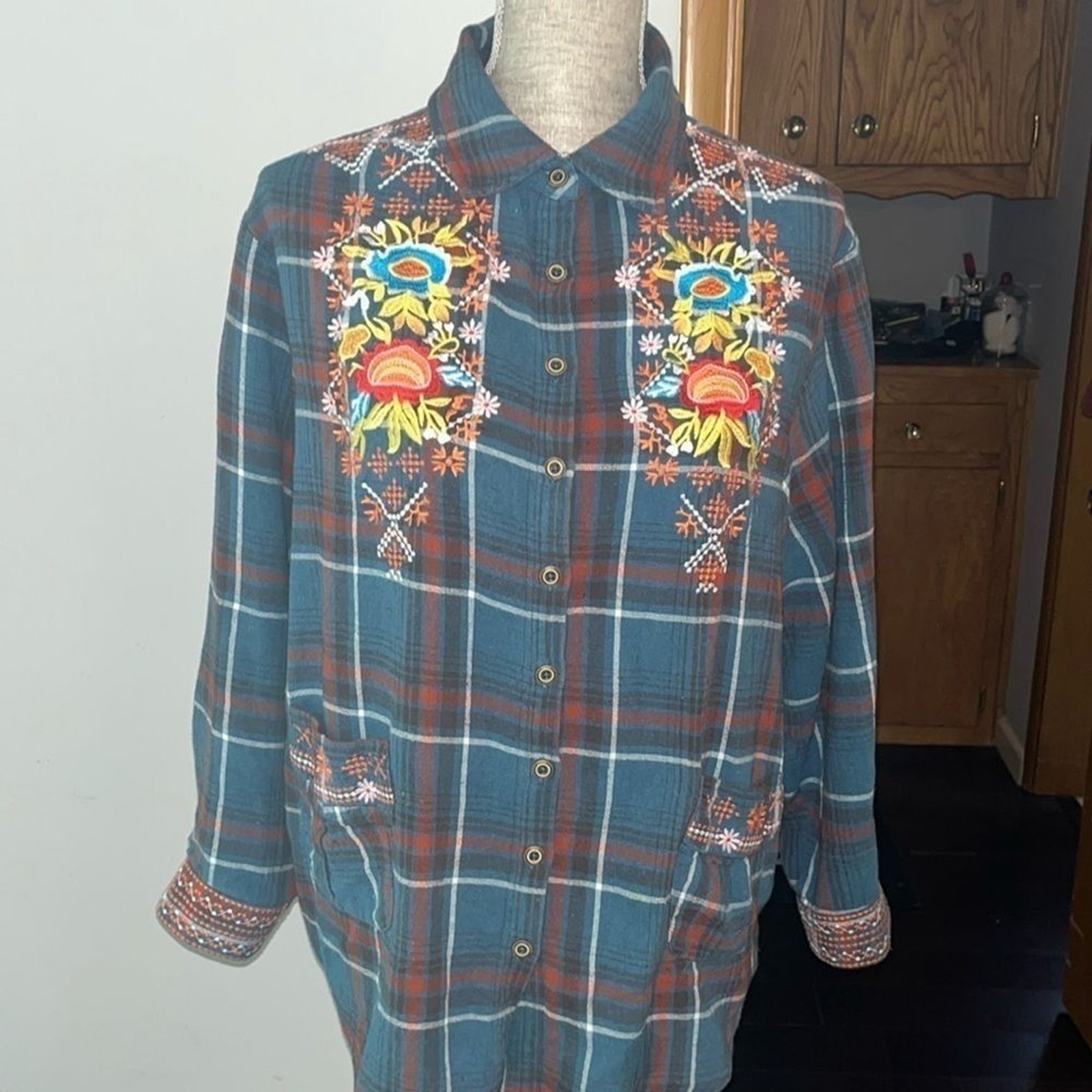 🤎 M Embroidered Flannel Tunic Longline Pockets Rodeo Boho Festival Art To Wear