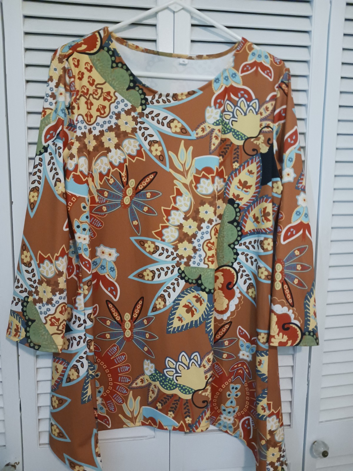 XL Women’s Burnt Orange, Floral Tunic Top 3/4 Sleeve Scoop Neck Pullover