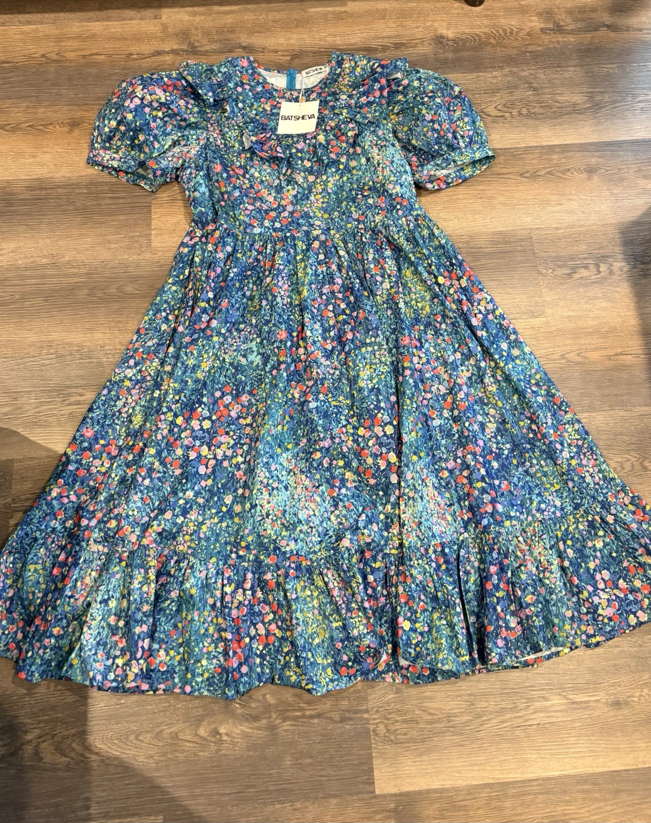 Batsheva May Dress Blue Monet Floral Midi Puff Sleeve Ruffle size 16