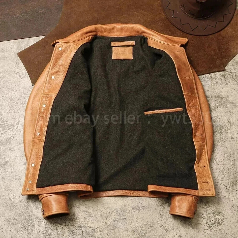 Men’s Tan Leather Jacket Button-Up Classic Design Retro Trucker Biker Style Coat