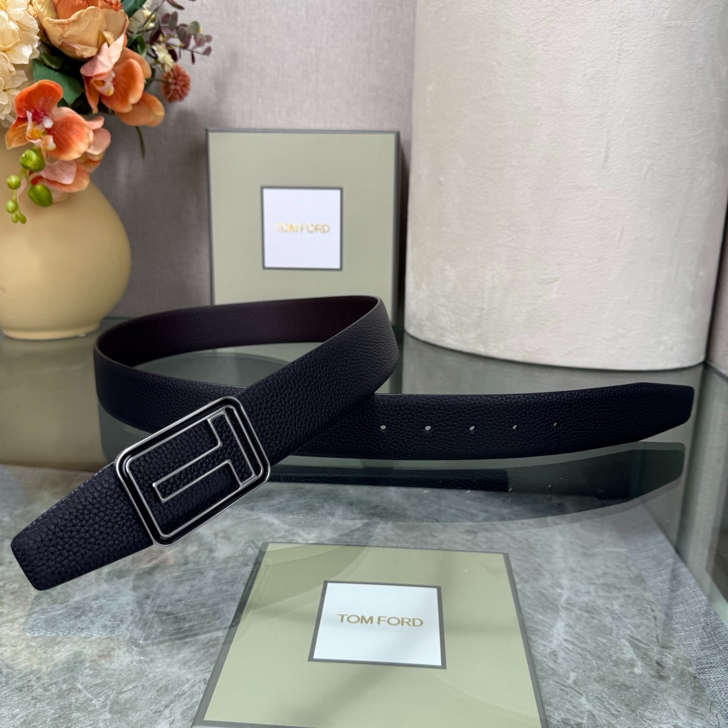 Authentic Tom Ford Reversible Leather T-Buckle Belt Luxury Designer Fashion