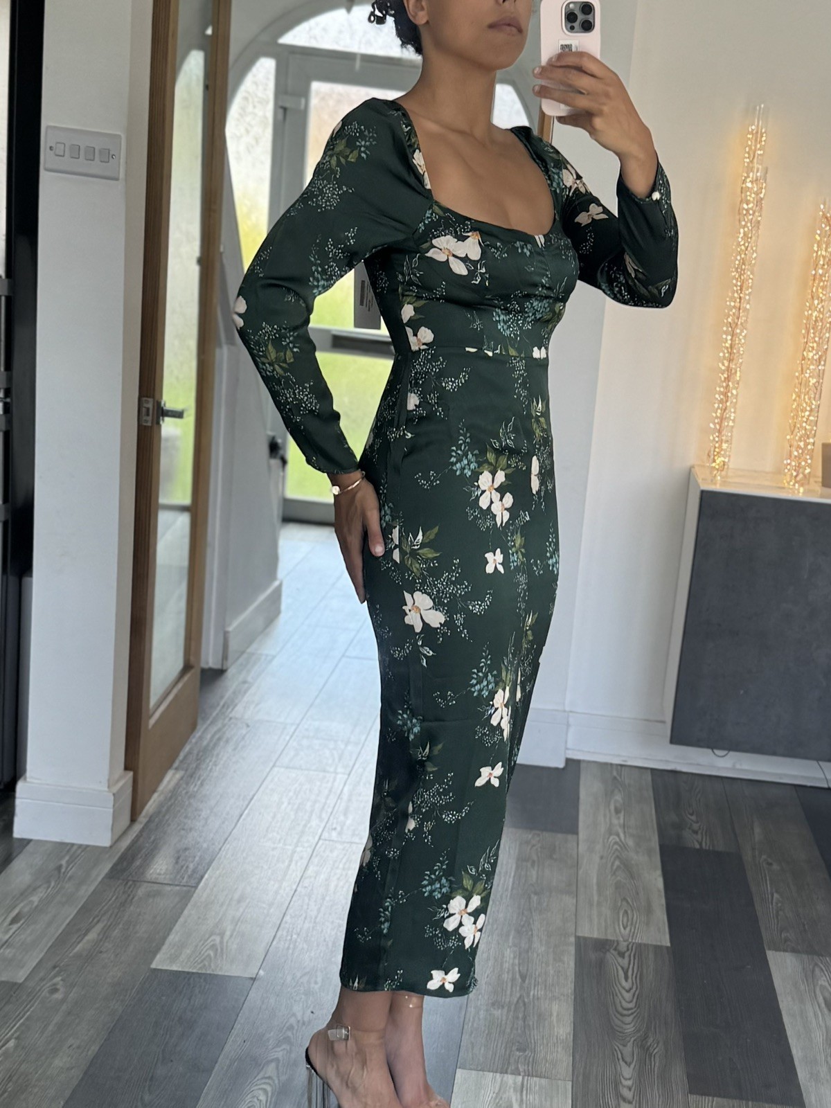 Reformation Green Floral Satin Midi Dress Fit & Flare us 4 UK 8 RRP:£390