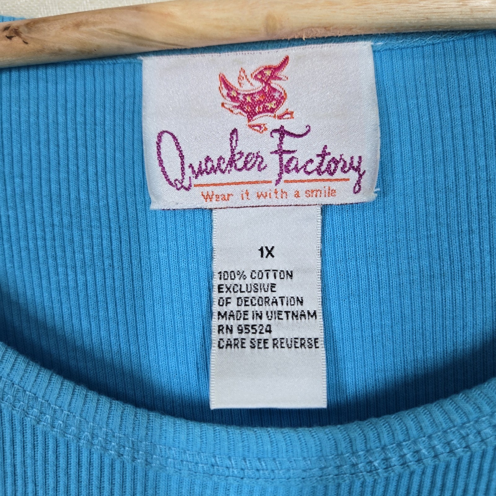 Quacker Factory Sequin Star Top sz 1X Turquoise Teal 100% Ribbed Cotton Stretch