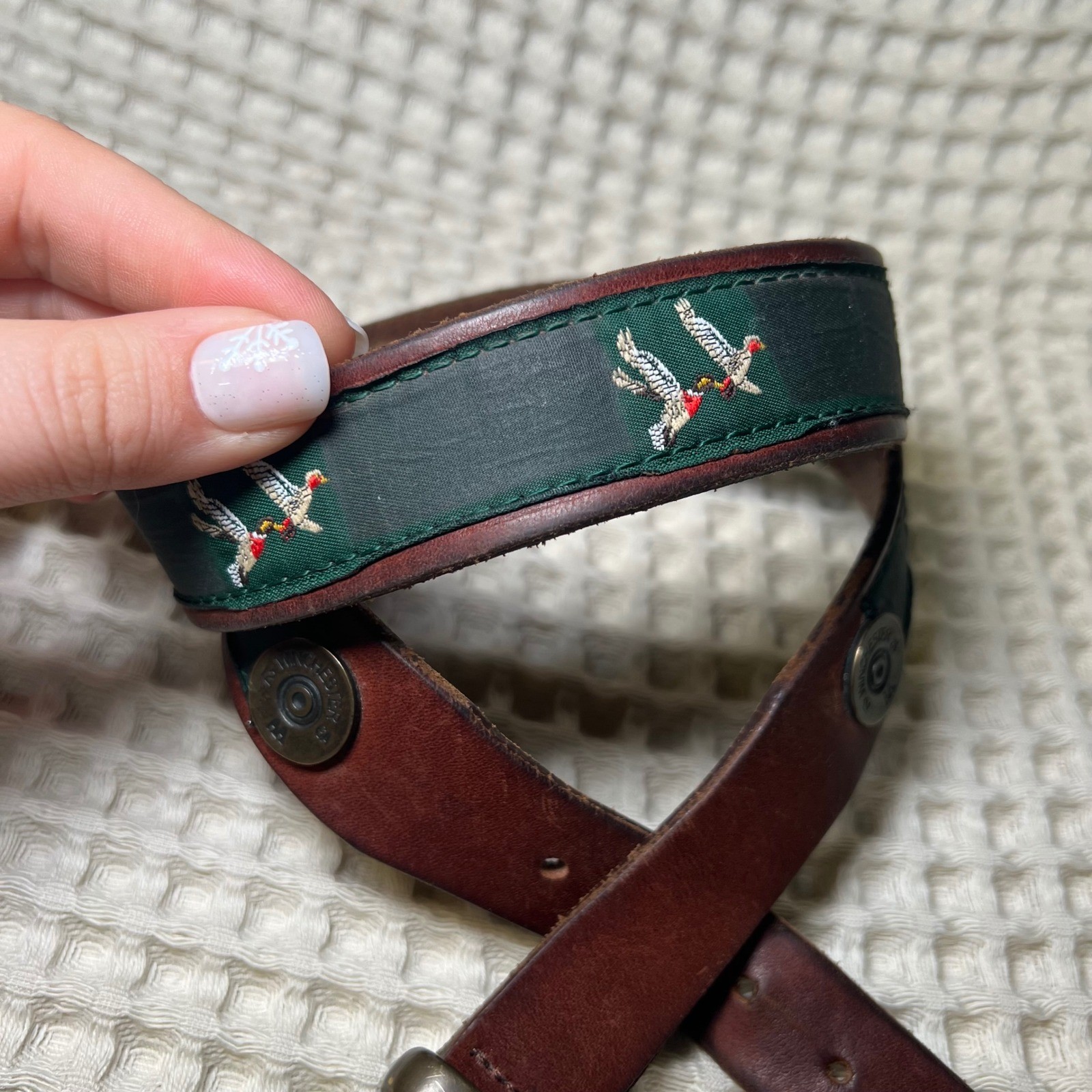 Thompson Leather Exeter NH Pheasant Embroidered Belt Winchester Shells Brown 34