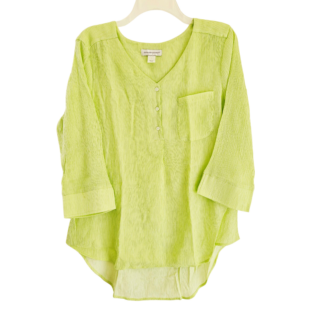 Christopher & Banks Blouse Large Green Crinkle Gauze Boho Peasant 3/4 Sleeve Top