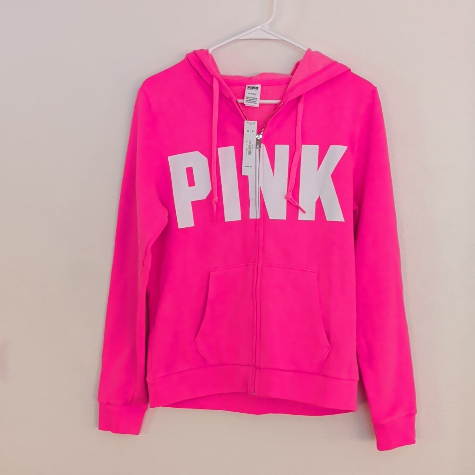 PINK Pink/White Solid Full Zip Fleece Hoodie Logo Hooded Pockets Long Sleeve M