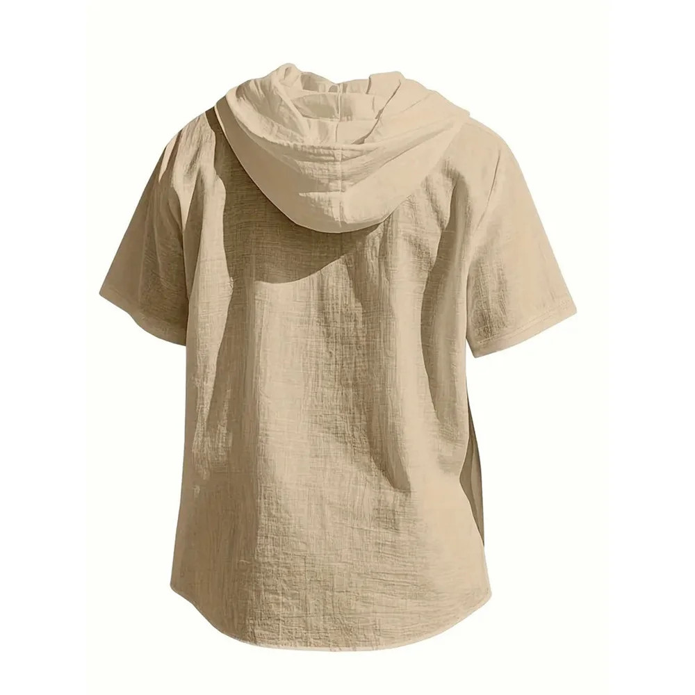 Men Cotton Linen Hooded Shirt Short Sleeve Breathable Casual Hoodie Summer Gift